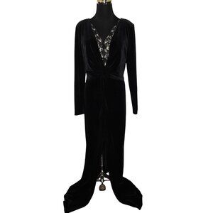 Cachet Elegant Black Velvet Evening Gown Slit In Front